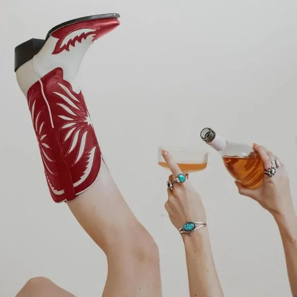 Women's Red Faux Leather Mid Calf Knee High Western Cowgirl Boots Pointed Toe - Picture 5 of 6